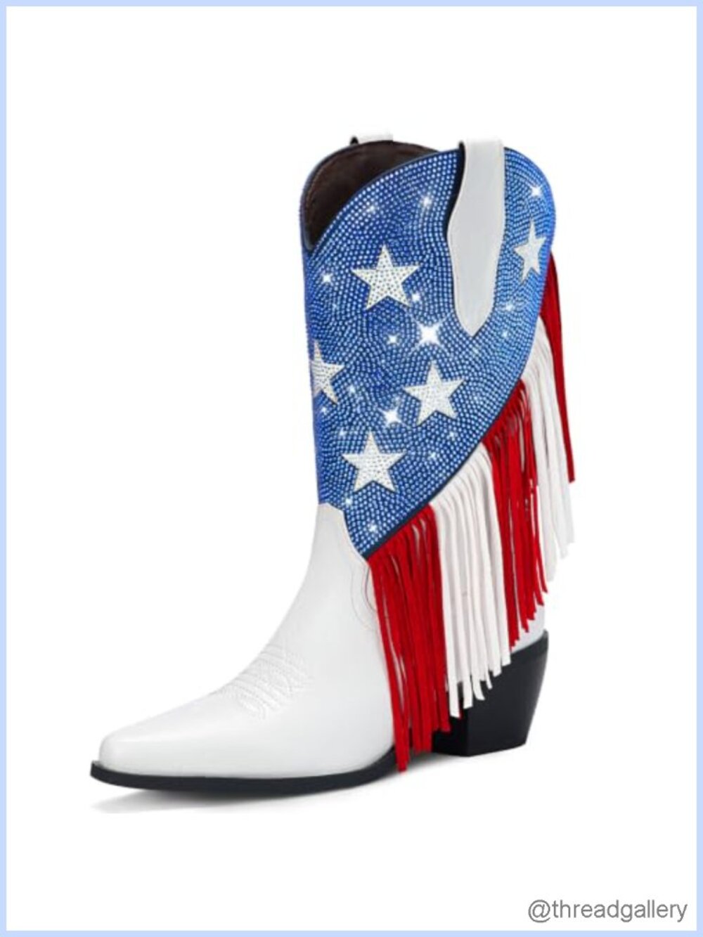 Rhinestone Fringe Cowboy Boots Women Pointed Toe Chunky Heel Faux Leather